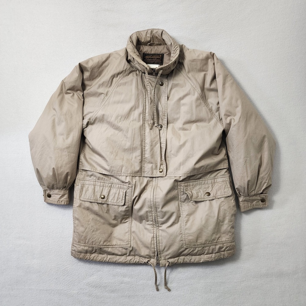 Vintage 90s Eddie Bauer Goose Down Jacket Womens Medium Tan Puffy USA Full Zip